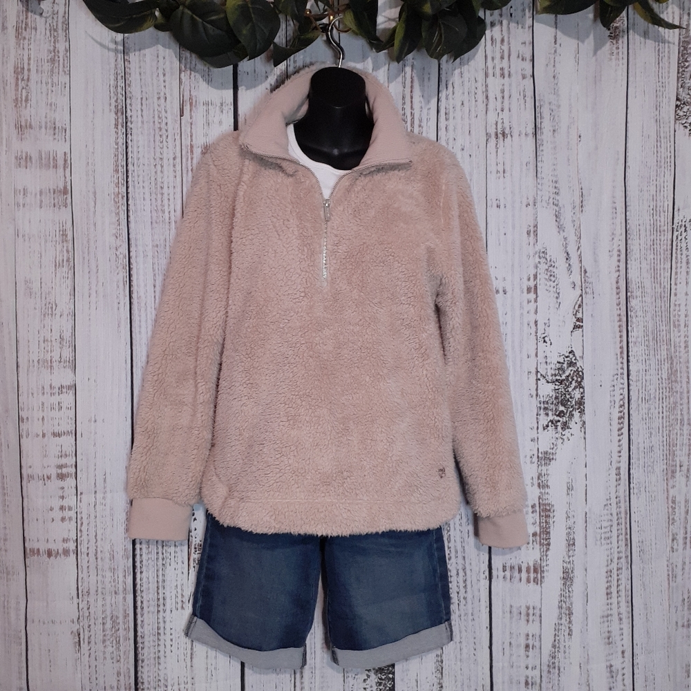 Calvin Klein Beige plush sherpa teddy bear half zip pullover jacket